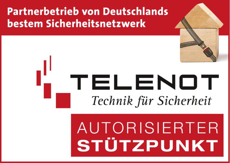 Werbeanzeige für TELENOT, Technik für Sicherheit. Text: Partnerbetrieb von Deutschlands bestem Sicherheitsnetzwerk und Autorisierter Stützpunkt. Holzhaus mit Sicherheitsgurt als Symbol für Schutz.