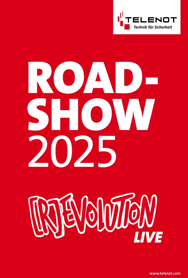 Roter Hintergrund mit weißem Text: Roadshow 2025, darunter in verspieltem Stil: [R]Evolution LIVE. Oben rechts das Logo von Telenot mit Slogan Technik für Sicherheit.
